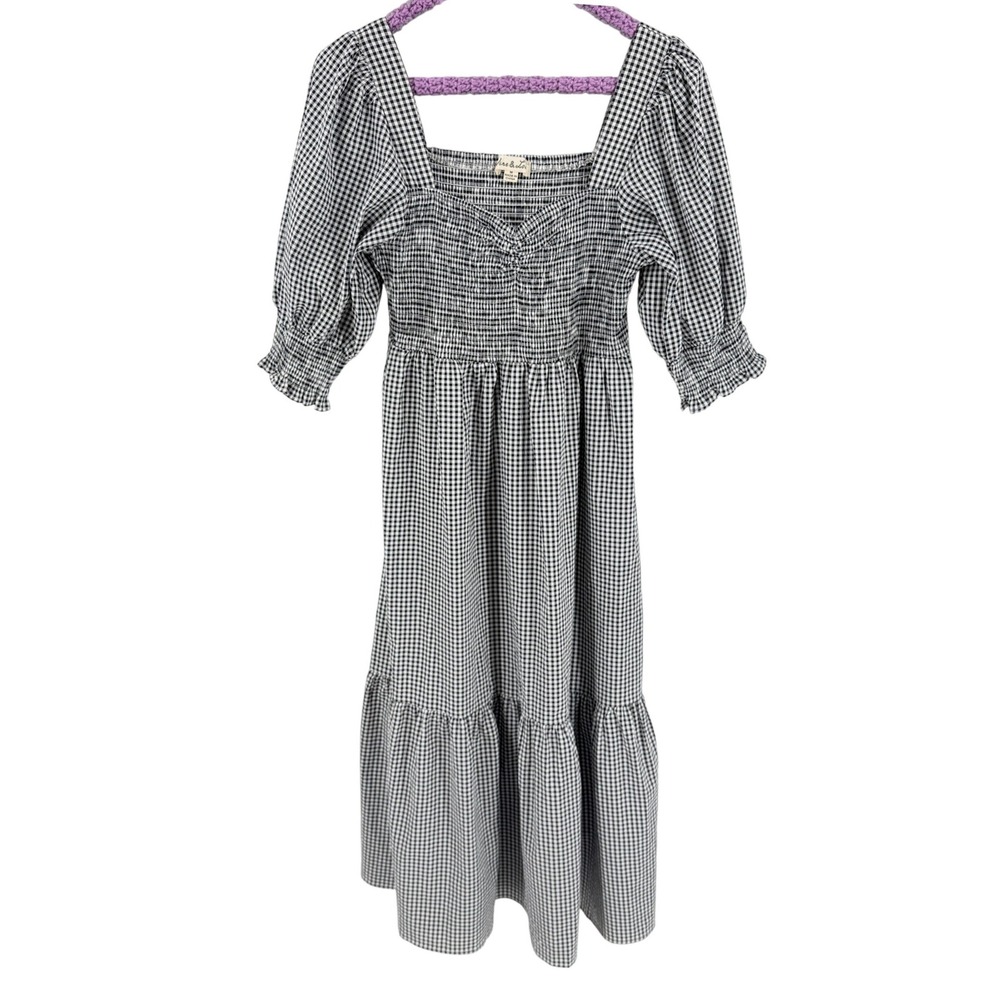 Vine & Love Gingham Smocked Midi Dress Black White Medium Cottagecore Picnic